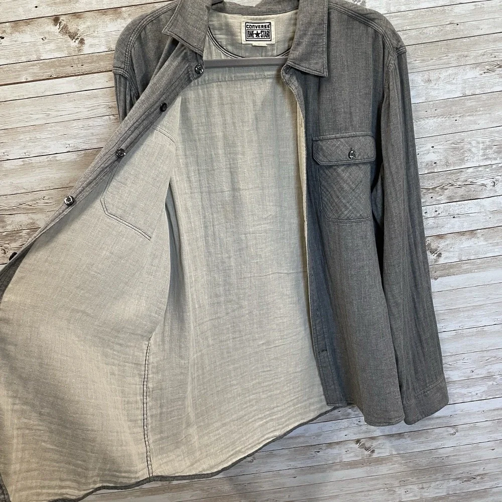 Converse Mens L Shirt‎ One Star Gray Button Up Pockets Long Sleeve 100% Cotton